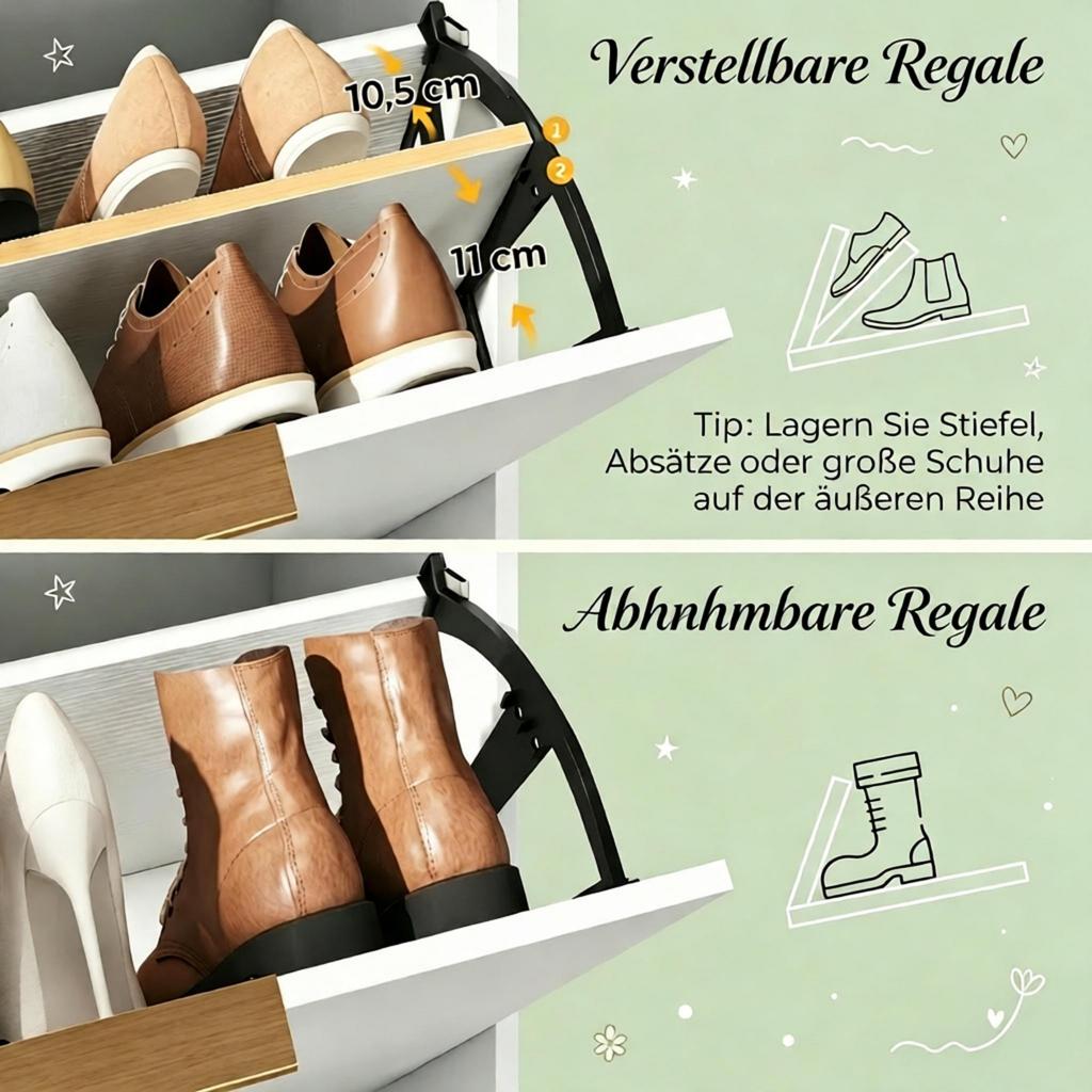 Narrow Shoe Cabinet for Up To 12 Pairs of Shoes, Shoe Furniture with 2 Fold-out Doors and Adjustable Shelves for Hallway