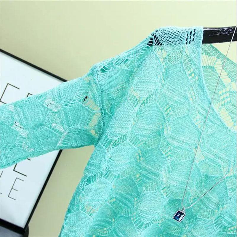 Camisa de Seda de Hielo Top de Protección Solar Hueco de una Pieza con Suéter de Punto Fino Suéter Holgado para Mujer Hueco Ligero y Transpirable