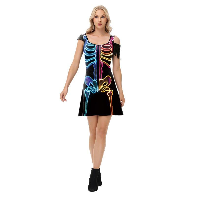 Halloween Dress Skeleton Digital Print Costume Irregular Women's Dress Horror Skirt
