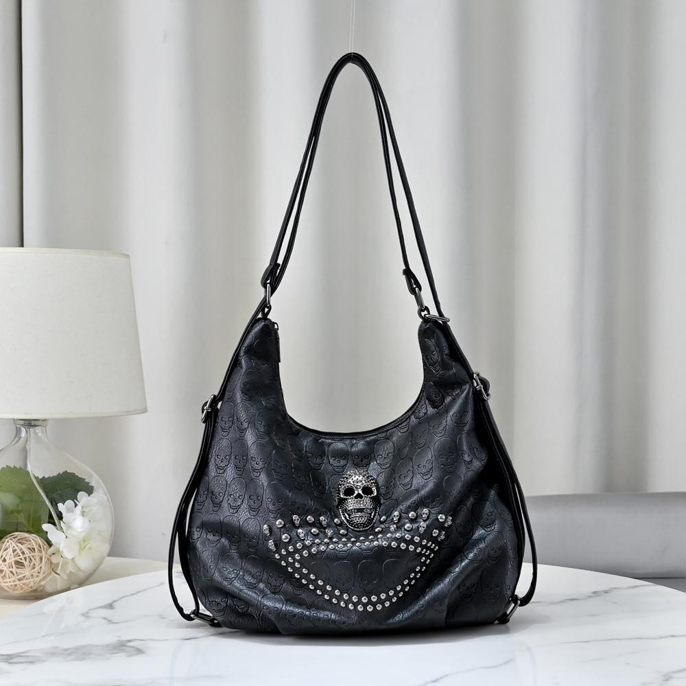 SHELKSBAG Gothic Punk Style Crossbody Bag Vintage Fashion PU Leather Womens Handbag Skull Rivets Hobo Purse Double Shoulder Bags