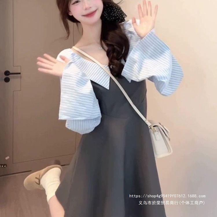 One-word long-sleeved lantern sleeve dew short skirt student summer new striped fake two-piece dress