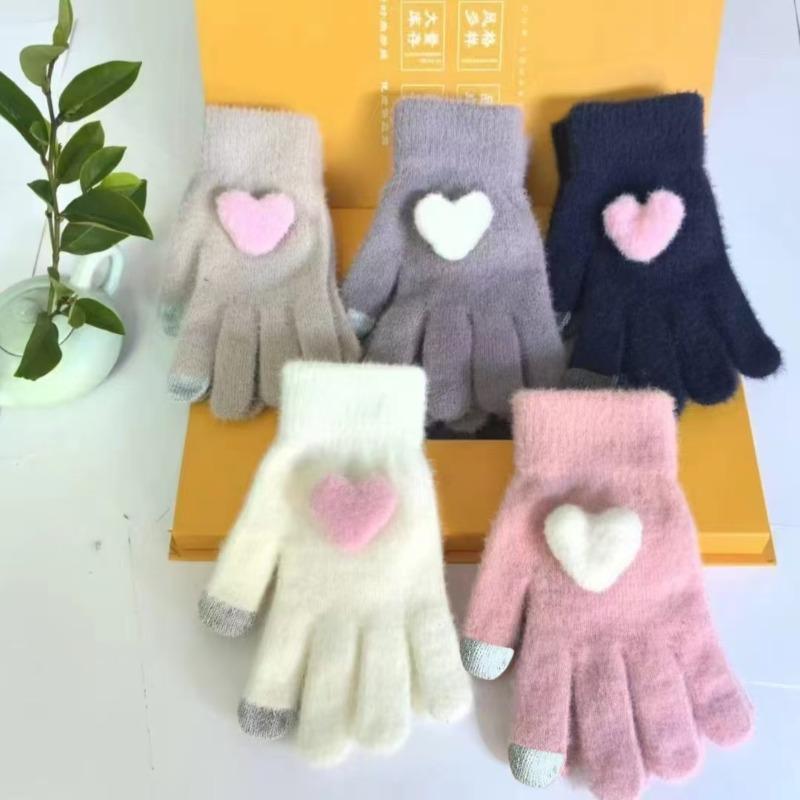 Warm Gloves Women's Five-finger Full-finger Gloves Peach Heart Meng Knitted Velvet Middle School Student Cold-proof Gloves Love Hands