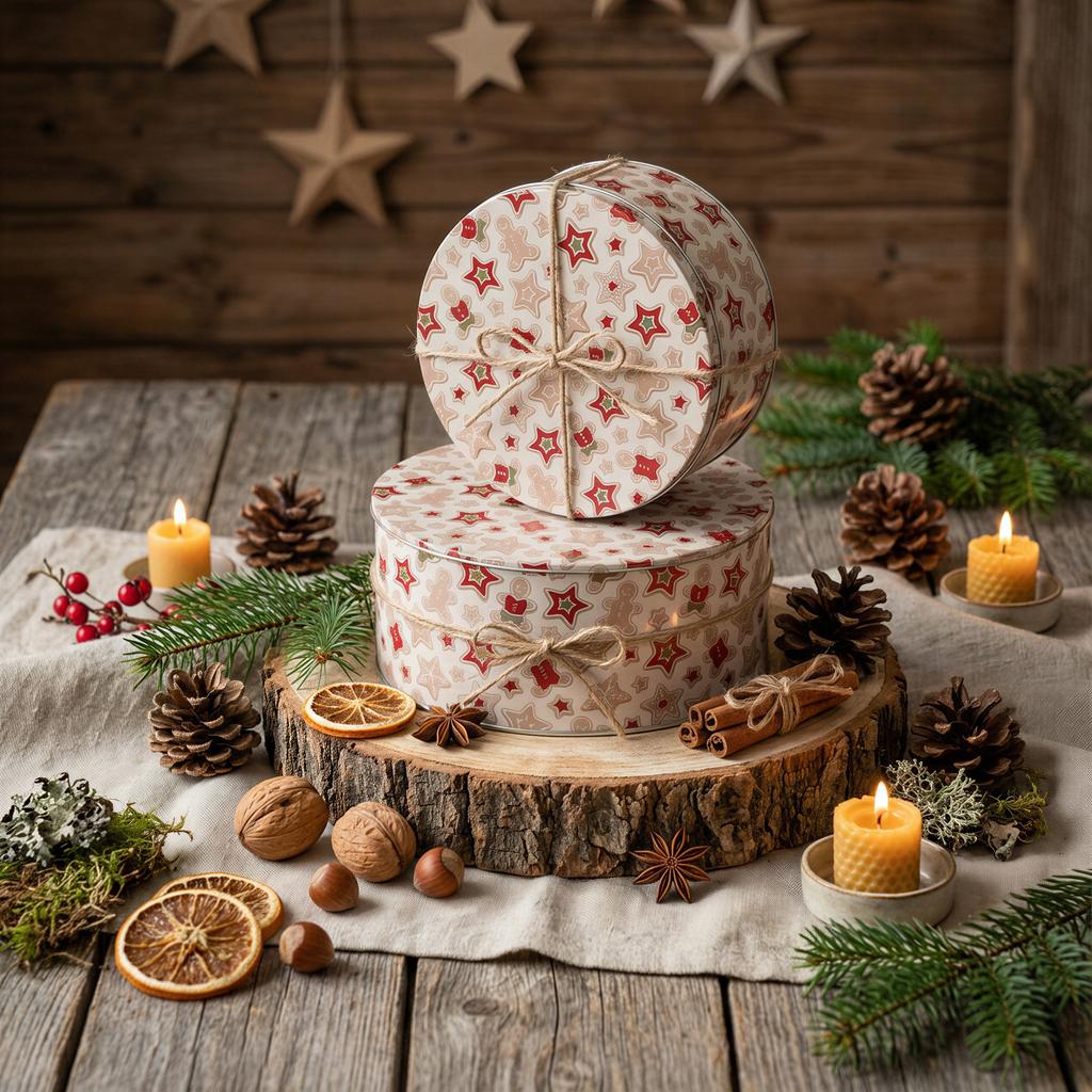 CHRISTMAS TIN BOX 2 PCS FOR COOKIES, GINGERBREAD, SWEETS, RODS 20 cm