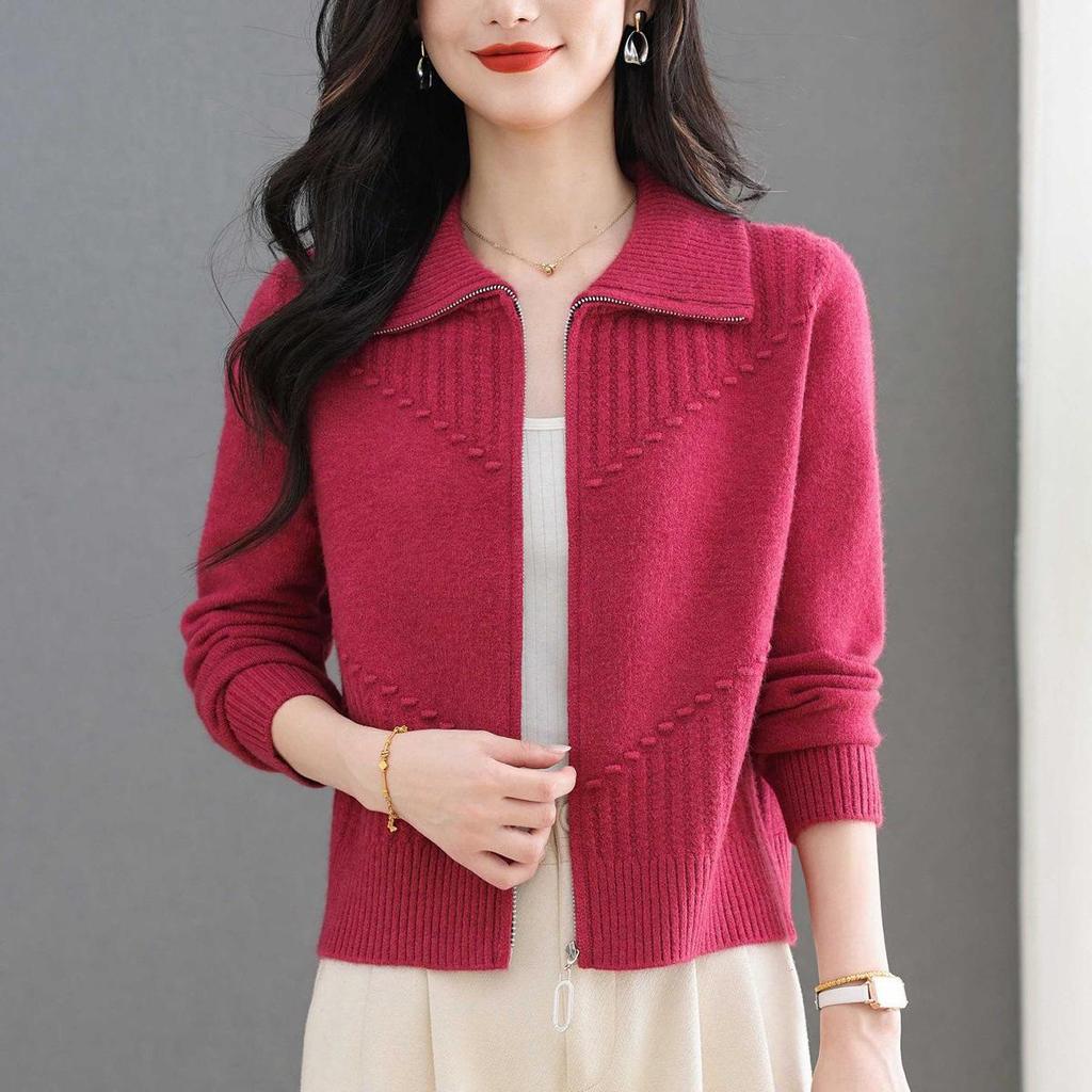 Damen Schlankmachende Mode Revers Reißverschluss Strickjacke Jacke, Kurzer Langarm Pullover Mantel für Herbst/Winter 2025