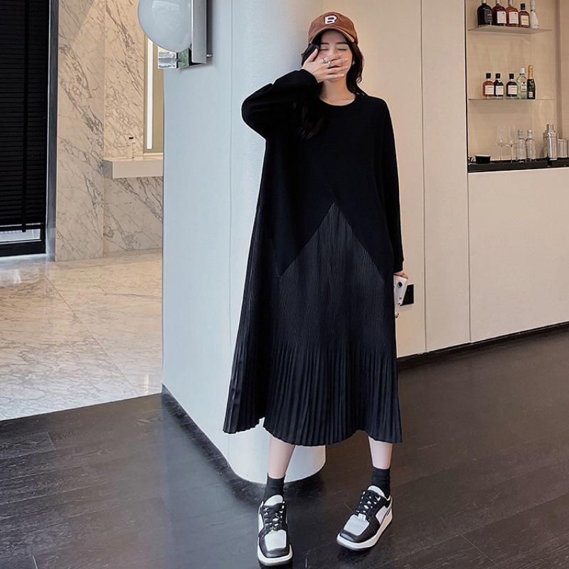 2023 Autumn/Winter Plus Size Patchwork Pleated Long Sleeve Dress for Women
