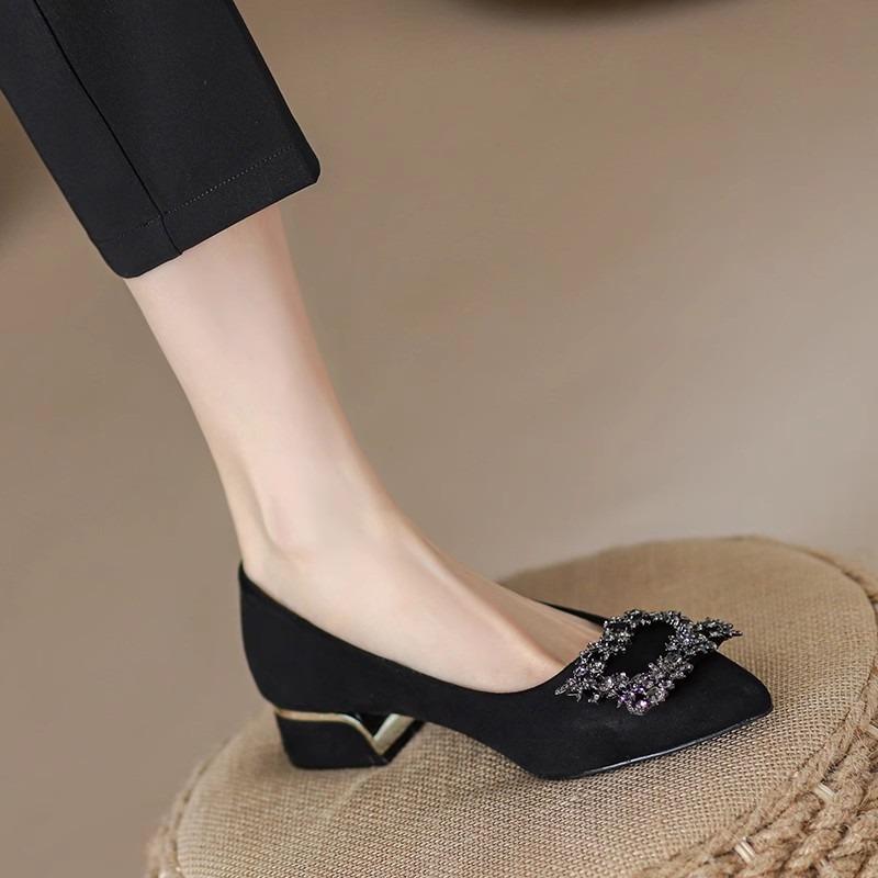 Summer and Autumn New Pointed Soft Sole Black High Heels Suede Commuter Dress Rhinestone Thick Heel Single Shoes Work Shoes