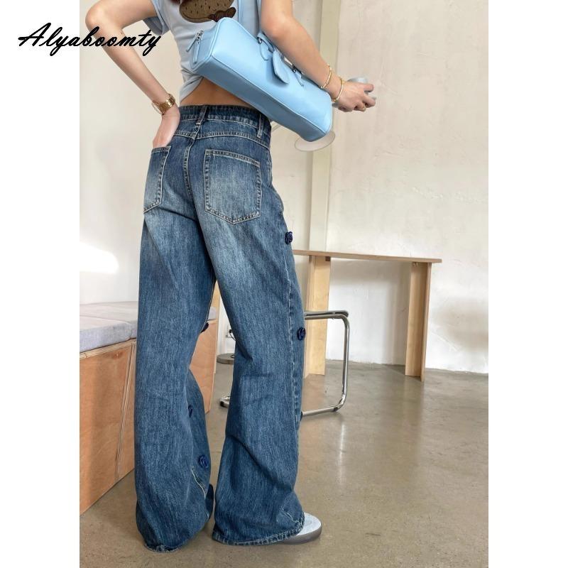 Korean Fashion Spring Autumn Women Straight Jeans High Waist Rose Casual Loose Jeans Elegant Stylish Feminine Ladies' Jeans