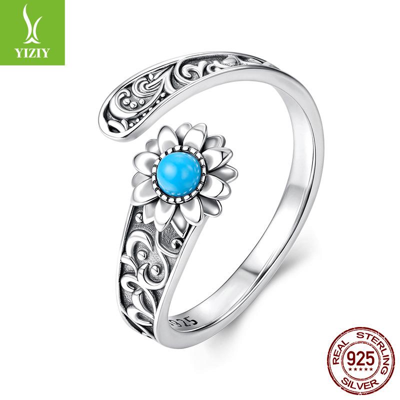 Vintage Sunflower Turquoise Open Ring, Couple'S Classical Engraved S925 Sterling Silver Ring