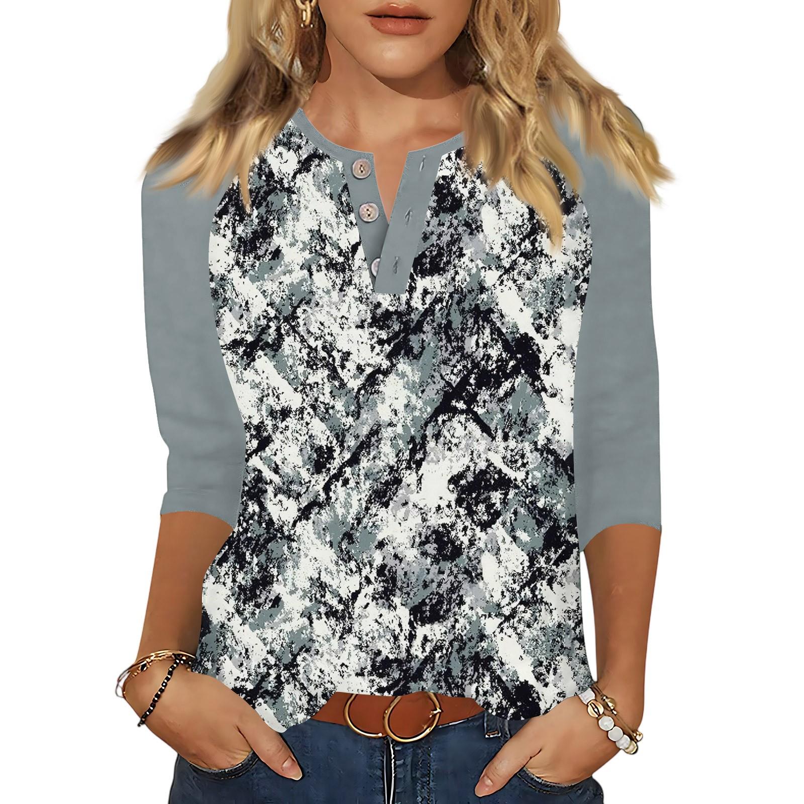 

Women s T Shirt Print Button 3/4 Sleeve Daily Weekend Fashion Basic V- Neck Regular Top S