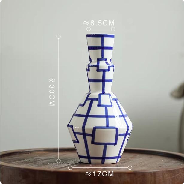 Blue Ceramic Vase Geometric Irregular Lines Flower Vase Ceramic Handicraft Flowerpot Terrarium Vases Pots Home Decoration