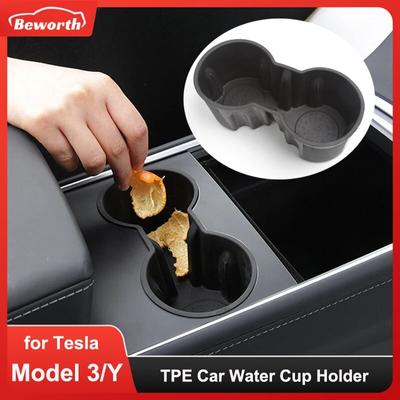 TPE Water Cup Holde for Tesla Model 3 Y 2022 Interior Accessories Silicone Waterproof Coasters Console Insert Double Hole Holder