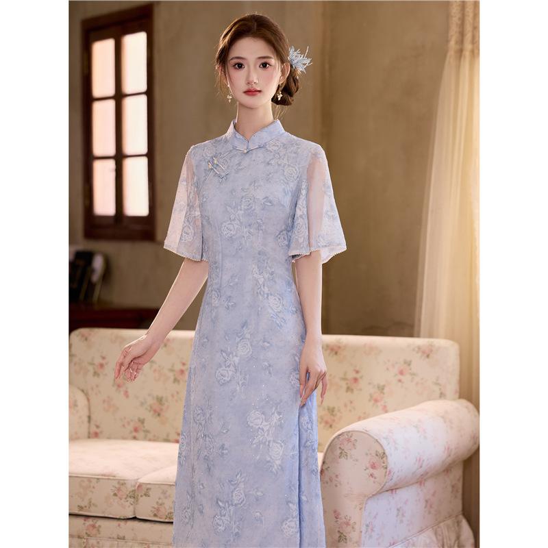 Blue new Chinese retro national style inverted big-sleeved Aodai cheongsam 1011 new young high-end daily wear