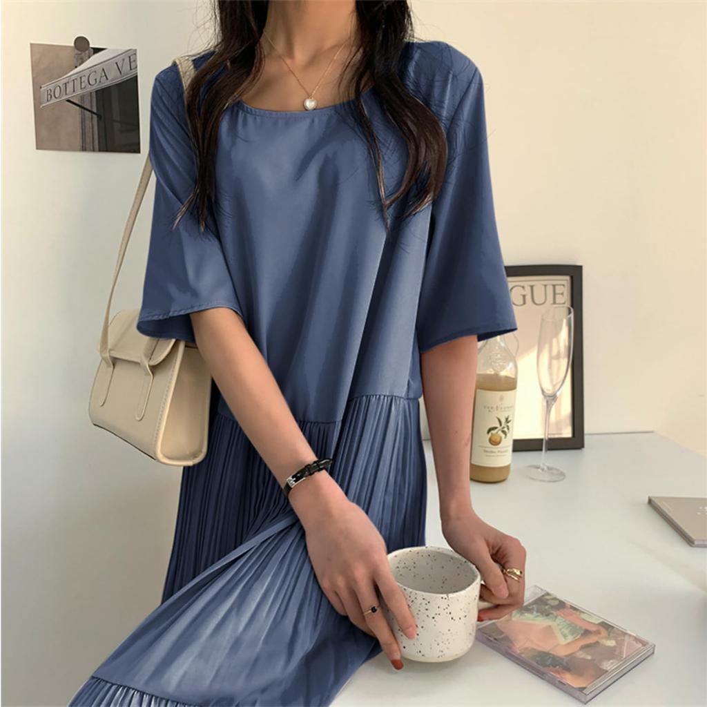 FEISEDY Plus Size Loose Elegant Chiffon Dress with Round Neck and Short Solid Long A8107 Women's Dress, Fit, Stylish, Sleeves, Color, Slimming, Dress,