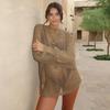 Sexy Perspective Knitted Hoodie Women's Solid Color Loose Round Neck Long Sleeved Top T-shirt Summer New Fashion