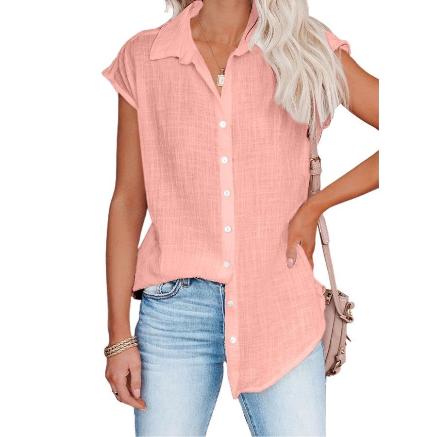 Summer Solid Color Single Breasted Shirt Women's Casual Lapel Short Sleeve Blouse Top