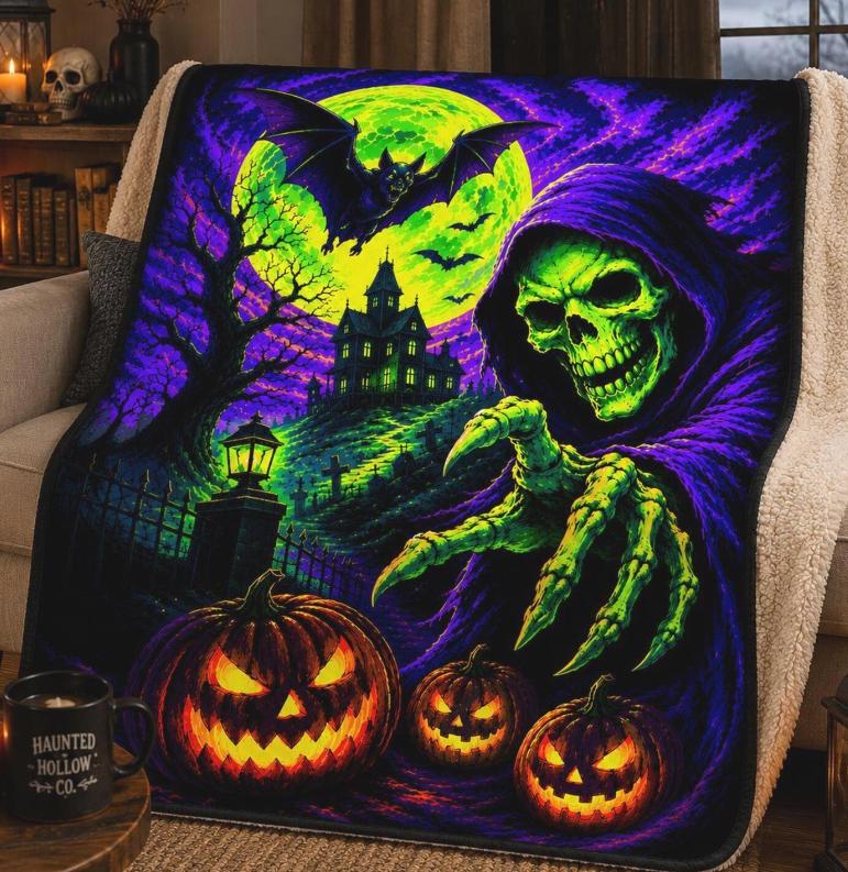 Haunted House Blanket, Gothic Spooky Halloween Throw, Cozy Fall Decor Blanket