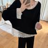 Baby Doll Collar Long-sleeved Fashion Sweatshirt Lace Fake Two-piece Shirt for Women Autumn Loose Splicing Versatile Top