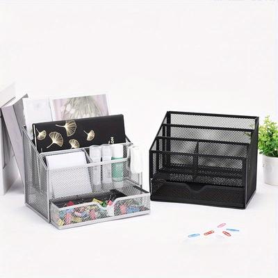 23 x 19,5 x 15,8 cm, 1 Stück Schreibtisch-Schreibwaren- und Akten-Organizer, kreativer Stifthalter aus Metall mit Schublade, in fünf Fächer unterteilte Aufbewahrungsbox, Zubehör für die Büroorganisation.