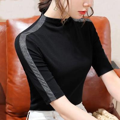 2024 Autumn Women's Fashion Black and White Contrast Medium Sleeve T-shirt Spliced Cotton T-shirt Half High Neck Bottom Top