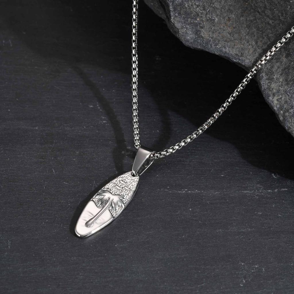 Summer Coconut Tree Pattern Oval Pendant Necklace for Men, Stainless Steel Dainty Fashion Necklace, Retro Jewelry Ocean Vacation