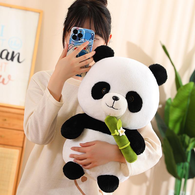 Cute Flowery Panda Doll Holding Bamboo Red Panda Plush Toy Home Decoration Living Room Sofa Gift