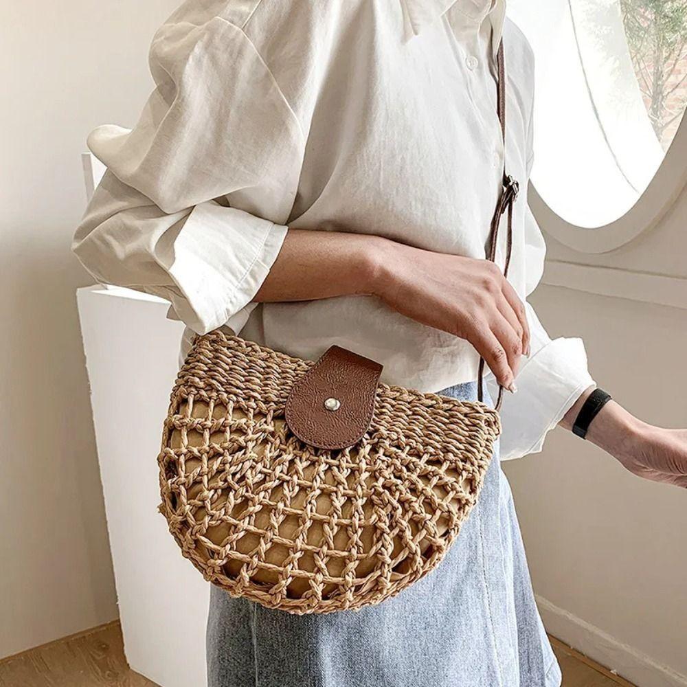 Hollowed Out Weave Straw Shoulder Bag Bohemian Beach Bag Semicircle Crossbody Bag  Messenger Bags