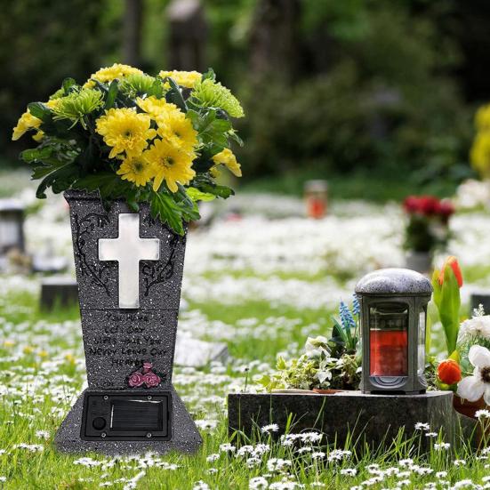 Solar Cemetery Vase with LED for Gravestone Outdoor Artificial Fresh Flower Holder Headstone