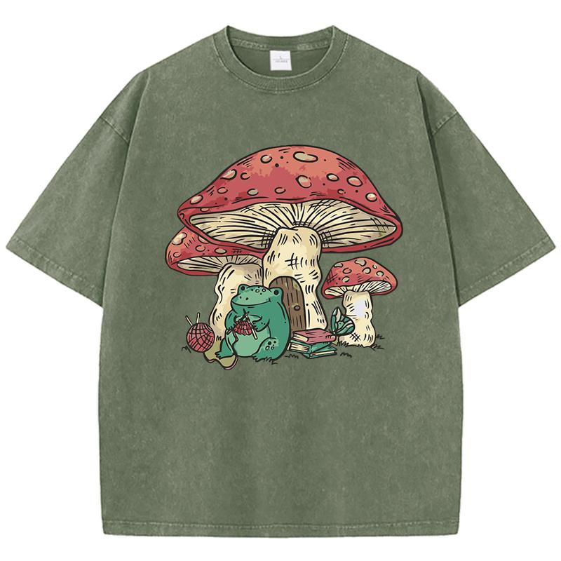 Cute Frog Kinting Mushroom Prints Women Washed T-Shirt Casual Cotton T Shirts Soft Loose Clothes Vintage Summer Short Sleeves