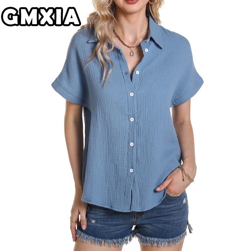 GMXIA Women's Fashion Casual Leisure Solid Color Print Short Sleeve POLO Neck Blouses & Shirts