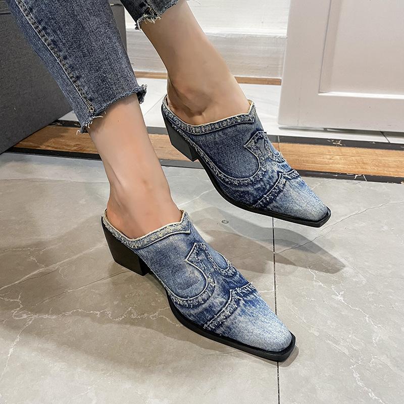 Women Pointed Toe Sandals British Style  Luxury Outdoor Half Slippers Slip On Mules Femme Shoes Ladies Denim Chunky Heeled Slide