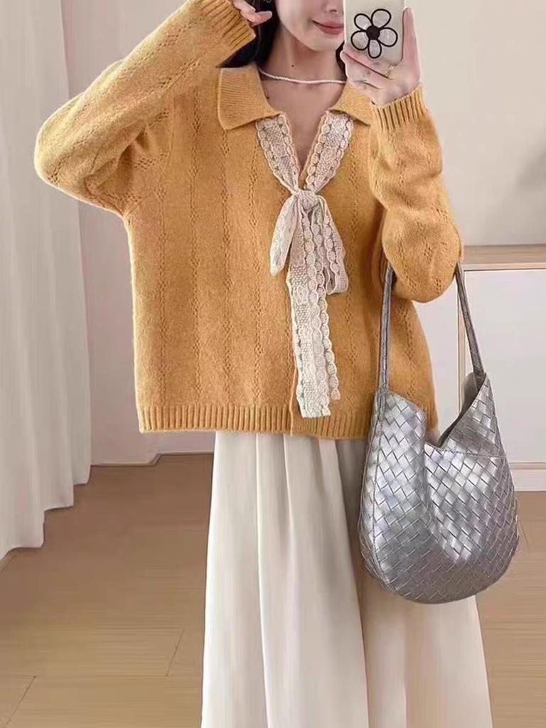 Lace Lace-up Lapel Knitted Cardigan Top Autumn and Winter New Loose Lazy Sweater Jacket Women