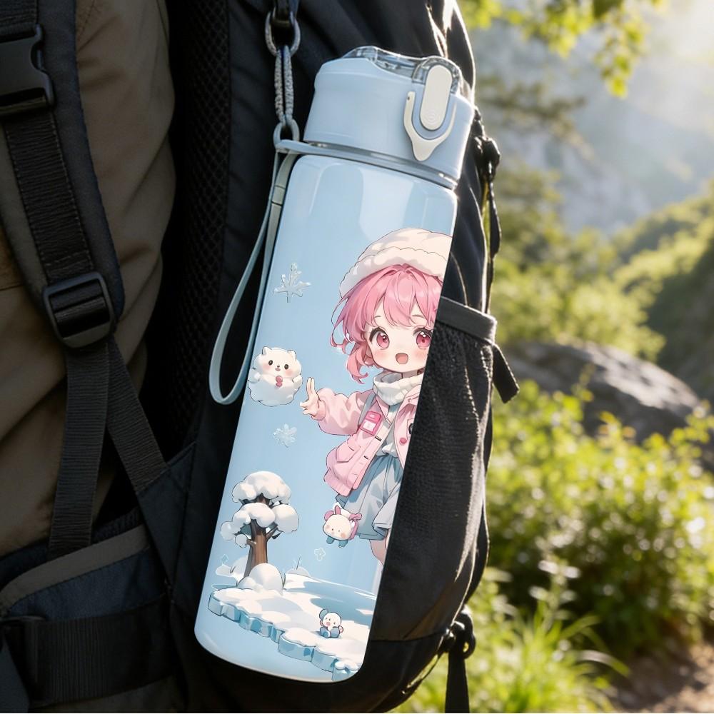 1PC Pink Hat Girl Snow Winter Scene Pattern 750ml Color Plastic Sports Water Bottle Leakproof Flip Straw Lid Suitable for Sports Office Home Use