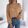 Women's Sweatshirt: Casual and Sensual Collared Off-the-Shoulder Cable-Knit Long-Sleeved Pullover Top