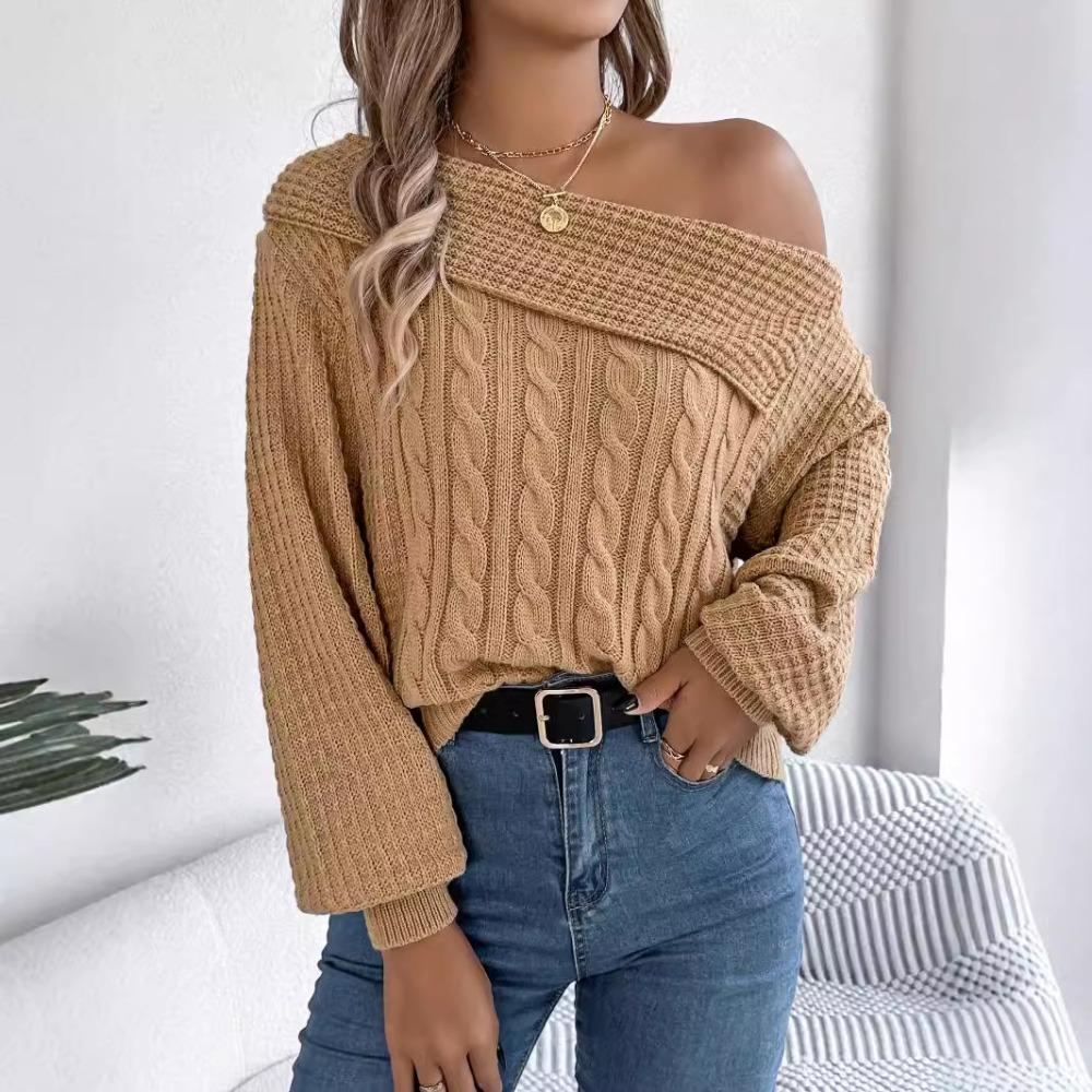 Women's Sweatshirt: Casual and Sensual Collared Off-the-Shoulder Cable-Knit Long-Sleeved Pullover Top