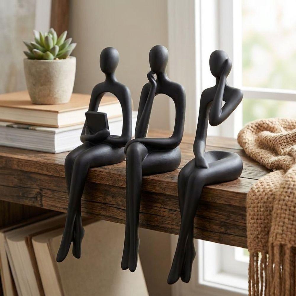 Ensemble de 3 Sculptures Humaines Assises Abstraites Imprimées en 3D Ornement Artistique Figurine Minimaliste Bureau