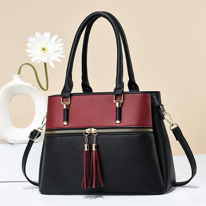 ew contrasting color handbag large capacity soft leather fringed large bag large capacity shoulder bag