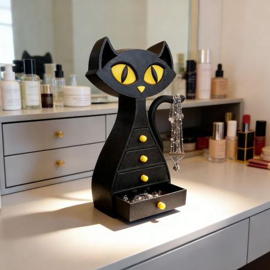 Black Cat Shaped Jewelry Box 3D Printed Cat Jewelry Organizer with 6 Drawers for Necklaces Bracelets Earrings Rings