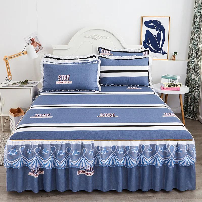 1PC Printed Bedding Set Lace Trim  Heightening Bed Skirt Pillowcase Set Anti-slip Mattress Cover Soft Comfortable Cotton Double