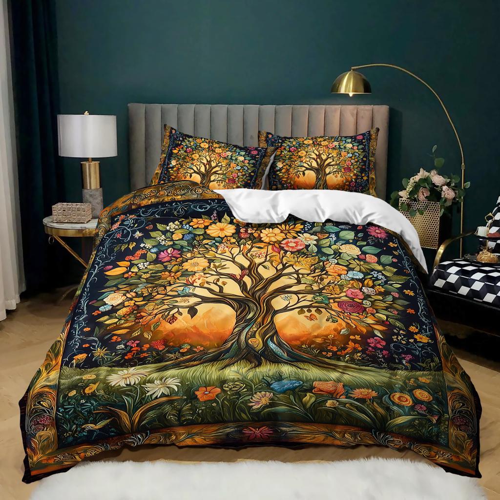 3Pcs Bohemian Floral Tree Of Life Bedding Duvet Cover Set Tree Of Life Bedding Quilt Set Floral Themed Bed Quilt Set Vintage