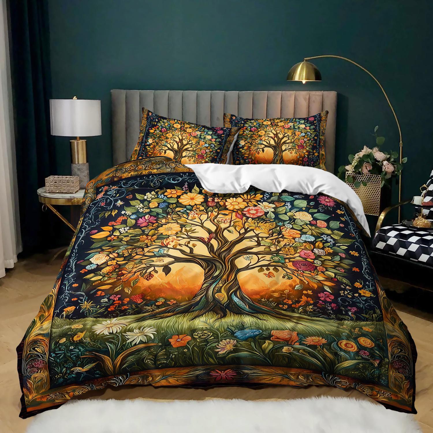 3pcs Bohemian Floral Tree of Life Bedding Duvet Cover Set Tree of Life Bedding Quilt Set Floral Themed Bed Quilt Set Vintage Duvet Cover Set&EU Single(135x200cm)