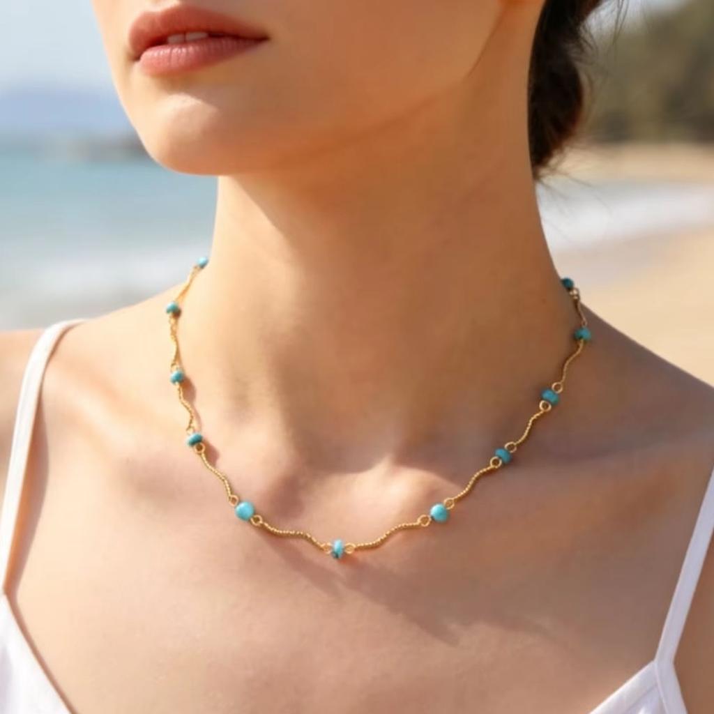 Boho Turquoise Beaded Necklace for Women, Blue Natural Stone Stainless Steel Wave Chain Choker Necklace, Fashion Jewelry Gift