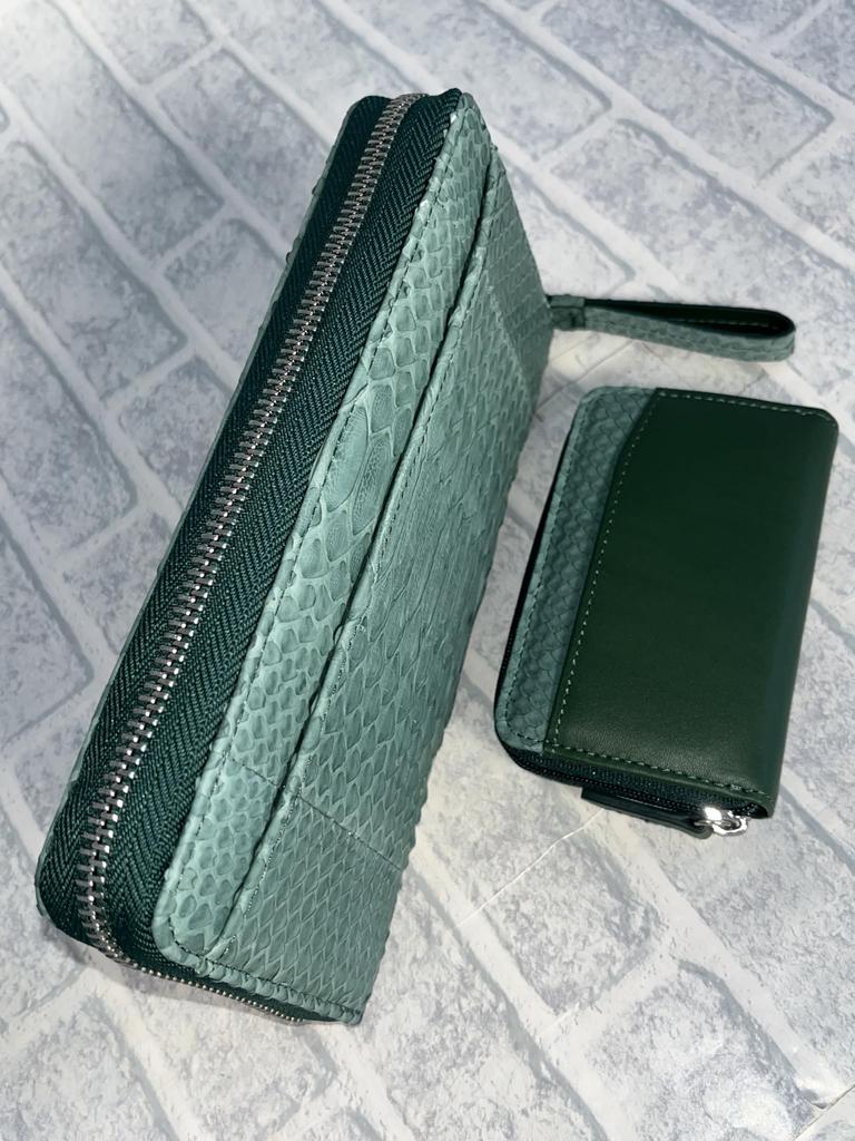 GUODI Genuine Python Leather Matte Finish Long Wallet with Zip-Around Design and Card Case, TK-AB20LW3 (Cyprus Green), Unisex Snakeskin WalletPurse