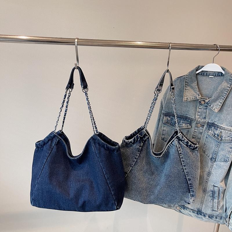 Large Capacity Tote Bag Women's Commuter Denim Shoulder Bag Chains Bag