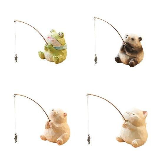 Bear Fishing Figurine Resin Animal Fishing Ornament Aquarium Car Dashboard Decoration Stress Relief Desk Office Decor