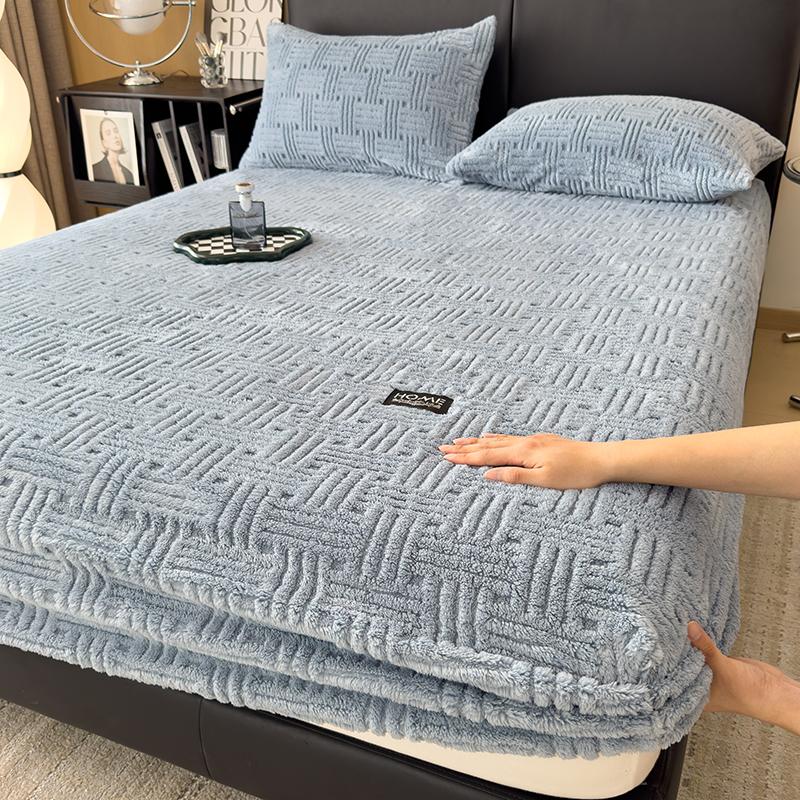 Hot Winter Warm Coral Fleece Fitted Sheet Elastic Mattress Protector Cover Fluffy Plush Bed Linen Couple Double Bed King Size