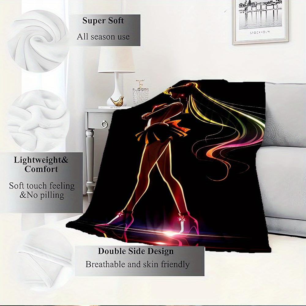 For Sailor Moon,Neon Lights,Silhouette-Themed Flannel Blanket, Glam Style, Digital Print, All-Season Comfort, Tear-Resistant, Knitted Crafts