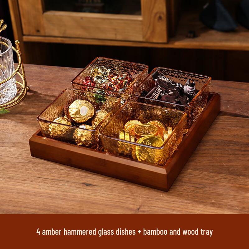 Amber Hammered Glass 4-Compartment Snack & Fruit Serving Set with Tray