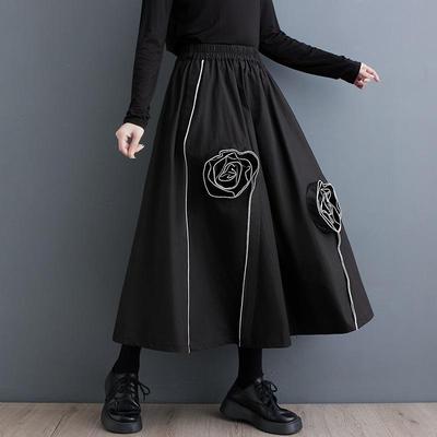 Zwarte katoenen plus size hoge taille vintage bloemen zomer casual losse lange vrouwenrok