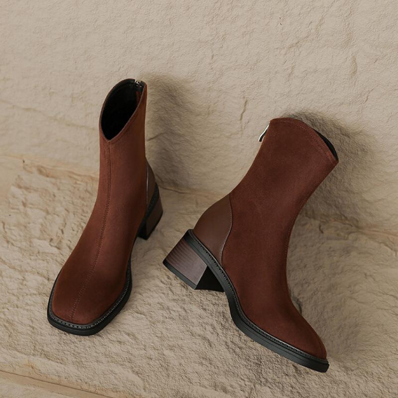 New Autumn and Winter Suede Medium Boots Large Size Women's Boots Thick-soled Non-slip Rear Zipper Leather Boots Korean Version Medium Heel Mart