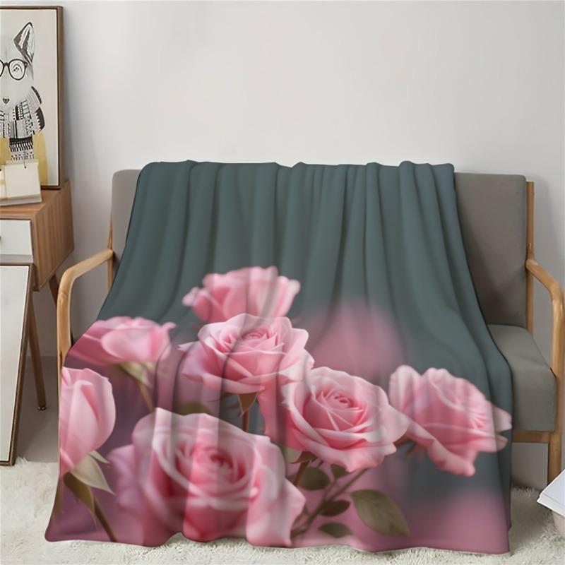 Pink Rose Floral Throw Blanket, Soft Cozy Flannel Blanket, Romantic Home Decor Gift for Couch Bed